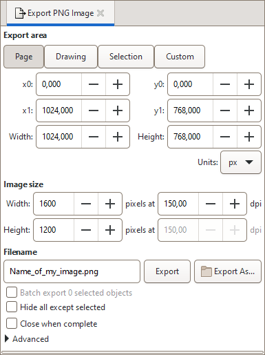 Dialog för export av PNG-bilder